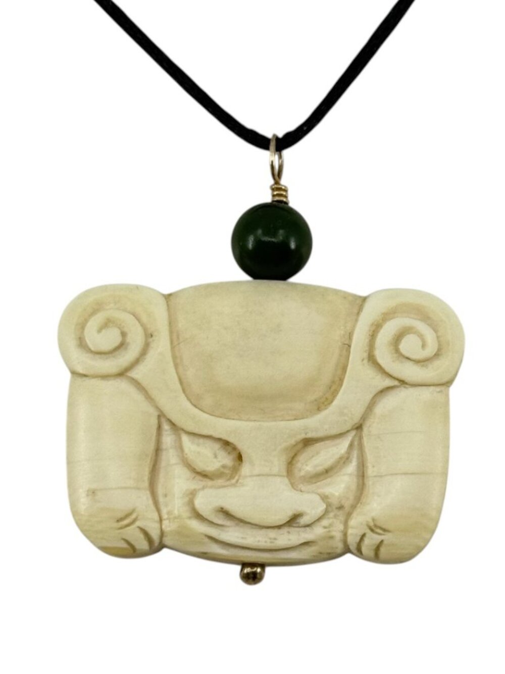 Vintage Gold Filled Chinese carved ivory foo dog & nephrite jade bead pendant